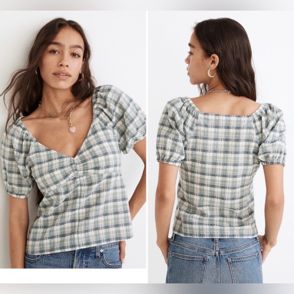 Madewell Plaid Puff-Sleeve Ruched Bodice Top Blouse Crop Cottage Sage Green SZ M